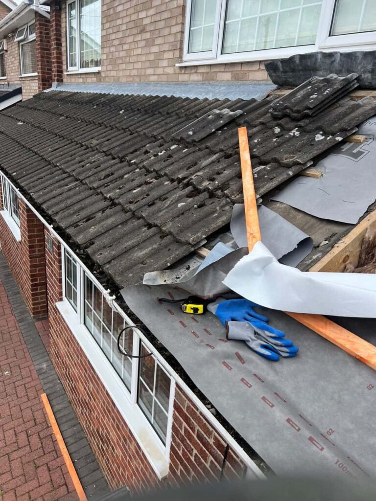 This is a photo of a pitched roof which is being repaired. The existing roof was leaking badly. Works carried out by Beeston Roofing Repairs